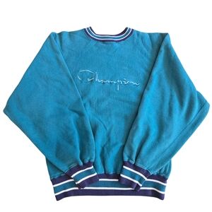 Vtg Champion Reverse Weave Crewneck Sweatshirt Spell Out Logo TEAL PURPLE Medium